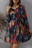 Elegant Geometric Print Buckle With Belt Turndown Collar A Line Dresses