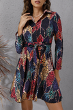 Elegant Geometric Print Buckle With Belt Turndown Collar A Line Dresses