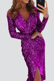 Fashion Elegant Solid Patchwork Sequined V Neck Evening Dress Dresses