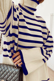 Casual Striped Slit Asymmetrical Turtleneck Tops