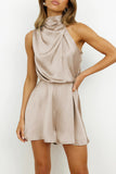 Elegant Solid Fold Halter Rompers