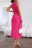 Sweet Simplicity Solid Hollowed Out Slit O Neck Sleeveless Dress Dresses