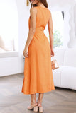 Sweet Simplicity Solid Hollowed Out Slit O Neck Sleeveless Dress Dresses