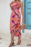 Vacation Geometric Print Frenulum Backless Asymmetrical Oblique Collar One Step Skirt Dresses