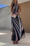 Elegant Geometric Print Bandage Contrast Halter One Step Skirt Dresses