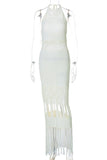 Sexy Solid Color Fringed Trim Hollow Out Backless Halter Long Dresses