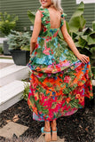 Casual Floral Print Patchwork Backless Square Neck Long Dresses