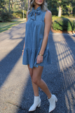 Casual Street Solid Color Lace Up Ruffle Bow Decor Sleeveless Loose Denim Dresses