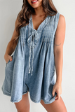 Casual Street Pocket Lace Up V Neck Sleeveless Loose Denim Jumpsuits