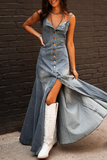 Sexy Street Buckle Square Neck Sleeveless Regular Denim Dresses