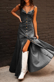 Sexy Street Buckle Square Neck Sleeveless Regular Denim Dresses