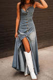 Sexy Street Buckle Square Neck Sleeveless Regular Denim Dresses