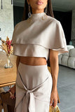 Casual Solid Color Slit Belted Half A Turtleneck Short Sleeve Two Pieces