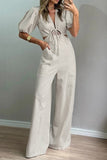 Casual Daily Solid Color Hollow Out Pocket Lace Up V Neck Loose Jumpsuits