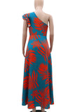 Elegant Print Patchwork Backless High Slit Ruffled Trim Oblique Collar Long Dresses