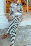 Casual Stripe Weave Contrast O Neck Long Sleeve Two Pieces