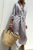 Casual Geometric Print Lace Up Buttons Turndown Collar Shirt Dresses