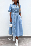 Casual Street Buttons Patchwork Turndown Collar Short Sleeve Loose Denim Dresses