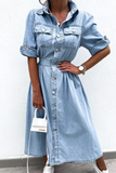 Casual Street Buttons Patchwork Turndown Collar Short Sleeve Loose Denim Dresses