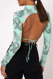 Sexy Street National Totem Geometric Print Lace Up Backless Half A Turtleneck Tops(10 Colors)