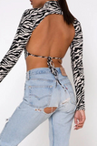 Sexy Street National Totem Geometric Print Lace Up Backless Half A Turtleneck Tops(10 Colors)