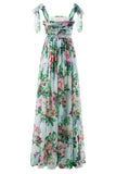 Casual Floral Print Backless Belted Square Neck Long Dresses