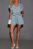 Casual Pocket Lace Up Texture Turndown Collar Short Sleeve Loose Denim Jumpsuits