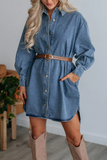 Casual Street Distressed Pocket Buttons Turndown Collar Long Sleeve Loose Denim Dresses(No Belt)