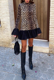 Street Elegant Leopard Patchwork Ruffle Half A Turtleneck Mini Dresses