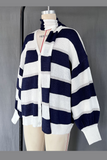 Casual Stripe Buttons Weave Contrast V Neck Cardigans(4 Colors)