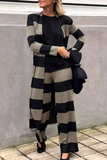 Casual Street Stripe Patchwork Contrast Cardigan Collar Long Sleeve Two Pieces