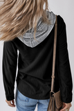 Casual Daily Draw String Buttons Patchwork Contrast Hooded Tops(8 Colors)