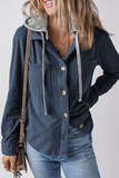 Casual Daily Draw String Buttons Patchwork Contrast Hooded Tops(8 Colors)