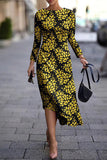 Casual Print Basic O Neck Long Sleeve Dresses(5 Colors)