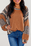 Casual Stripe Leopard Patchwork Contrast O Neck Tops