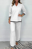 Casual Daily Stripe Patchwork Slit Contrast V Neck Long Sleeve Two Pieces(3 Colors)