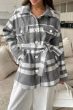 Casual Plaid Lace Up Buttons Contrast Gross Turndown Collar Outerwear