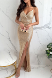 Sexy Sequins Slit V Neck Evening Dresses