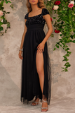 Sexy Prom Sequins Slit Mesh Square Neck Evening Dresses