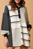 Casual Stripe Pocket Patchwork Contrast Turndown Collar Long Sleeve Dresses