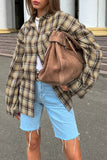 Casual Plaid Buttons Contrast Turndown Collar Blouses