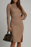 Casual Buttons Slit Potholes Half A Turtleneck Wrapped Skirt Dresses(3 Colors)