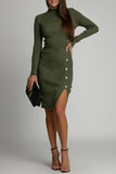 Casual Buttons Slit Potholes Half A Turtleneck Wrapped Skirt Dresses(3 Colors)