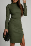 Casual Buttons Slit Potholes Half A Turtleneck Wrapped Skirt Dresses(3 Colors)