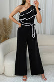 Casual Patchwork Strap Design Contrast Ruffled Trim Oblique Collar Loose Jumpsuits