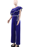 Casual Patchwork Strap Design Contrast Ruffled Trim Oblique Collar Loose Jumpsuits