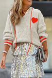 Casual Heart Shaped Draw String Weave Contrast Hooded Sweaters