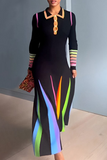 Casual Stripe Gradient Contrast Turndown Collar Long Sleeve Dresses