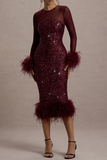 Sexy Party Sequins Feather Trim O Neck Evening Dresses