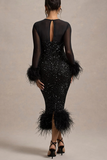 Sexy Party Sequins Feather Trim O Neck Evening Dresses